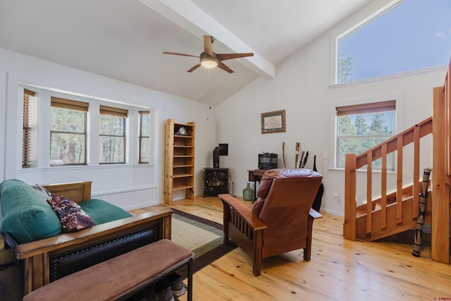 85 Mclain Ct, Pagosa Springs, CO 81147 - living area featuring ceiling fan, a wood stove, stairs, light wood-type flooring, and beamed ceiling