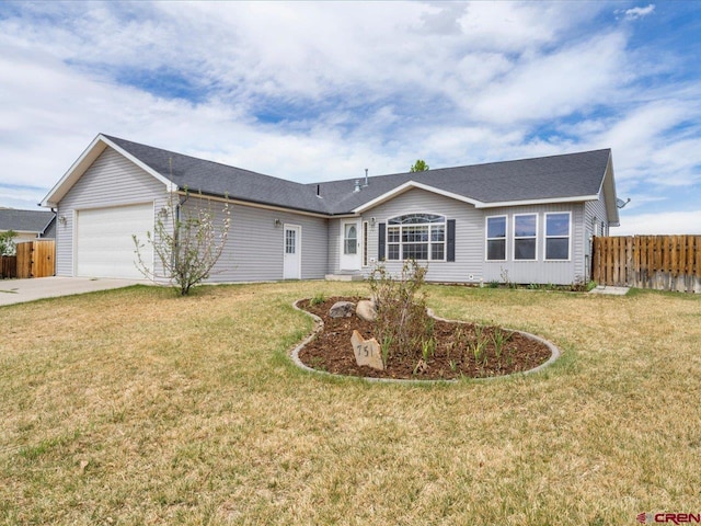single story home featuring a garage, fence, a front yard, and concrete driveway