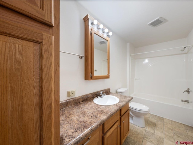 bathroom with shower / bathtub combination, toilet, visible vents, and vanity