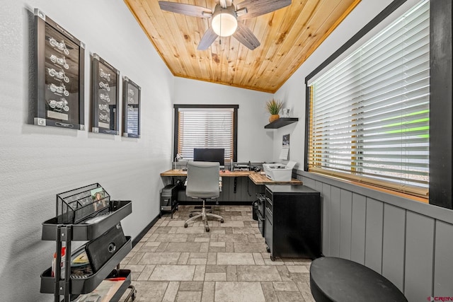 office area featuring ceiling fan, lofted ceiling, a healthy amount of sunlight, and wooden ceiling
