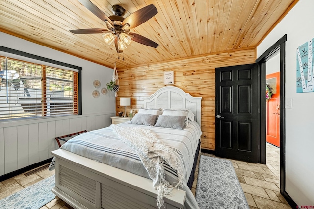 bedroom featuring ceiling fan, wooden walls, and wooden ceiling