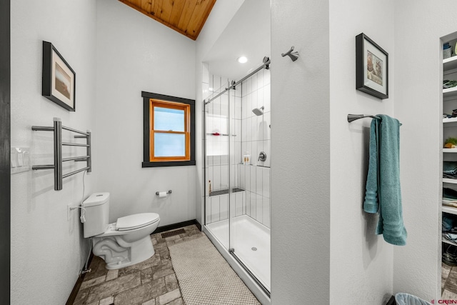 full bath featuring wood ceiling, a shower stall, baseboards, toilet, and stone tile floors