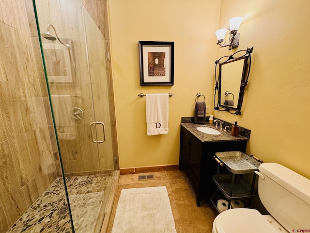 bathroom with visible vents, vanity, toilet, baseboards, and a shower stall