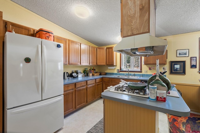 kitchen with white appliances, a textured ceiling, under cabinet range hood, and a sink