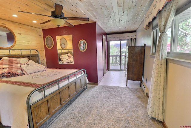 bedroom featuring light carpet, access to exterior, baseboard heating, recessed lighting, and wood ceiling