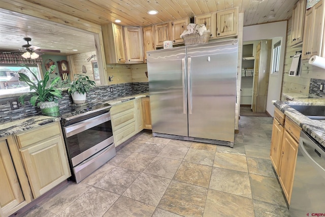kitchen featuring tasteful backsplash, wooden ceiling, light stone counters, stainless steel appliances, and recessed lighting