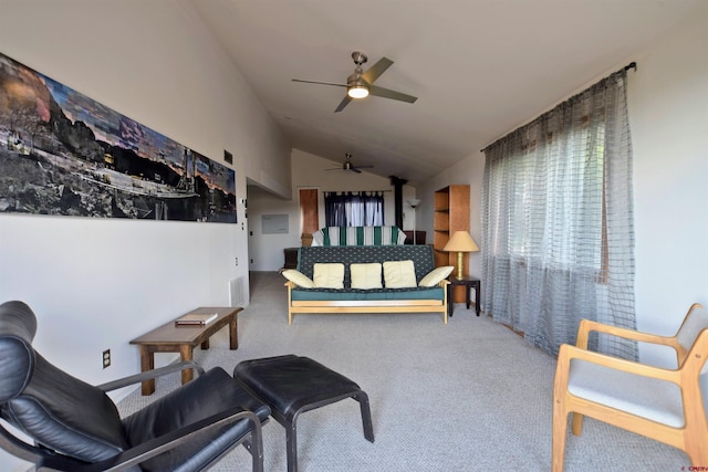 interior space featuring visible vents, ceiling fan, and vaulted ceiling