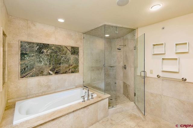 full bathroom with tile patterned floors, recessed lighting, tile walls, a garden tub, and a stall shower