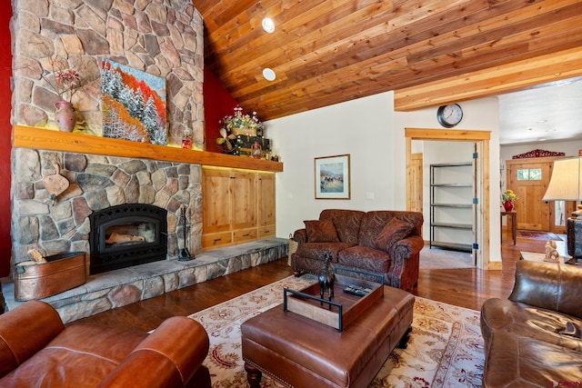 300 Copper Rim Trl, Durango, CO 81301 - living room with wood finished floors, wood ceiling, lofted ceiling, and a stone fireplace
