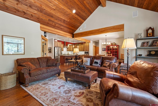 300 Copper Rim Trl, Durango, CO 81301 - living area featuring an inviting chandelier, wood finished floors, visible vents, and high vaulted ceiling
