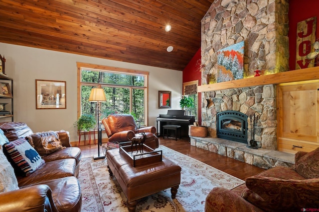 300 Copper Rim Trl, Durango, CO 81301 - living room featuring a fireplace, wood finished floors, wooden ceiling, and high vaulted ceiling