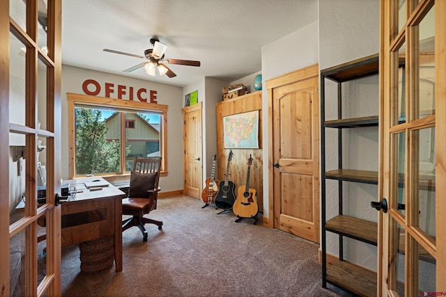 300 Copper Rim Trl, Durango, CO 81301 - home office featuring carpet floors, ceiling fan, baseboards, and french doors