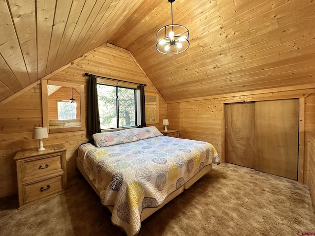 bedroom with wooden walls, wooden ceiling, and carpet flooring