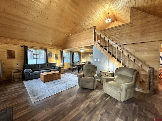 living area with wood walls, dark wood-style floors, high vaulted ceiling, stairway, and wood ceiling