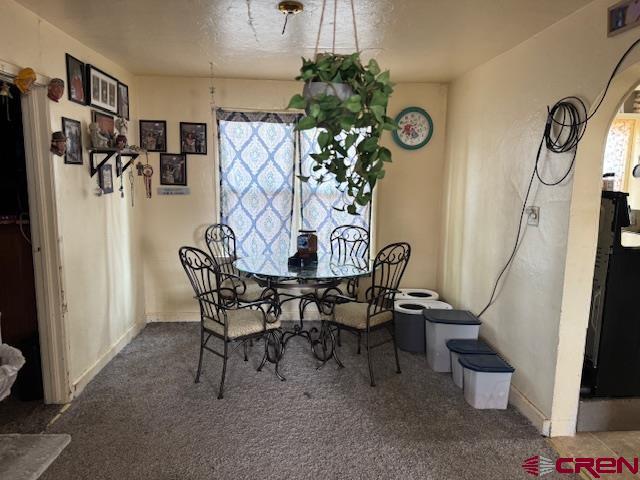 dining space featuring carpet floors, arched walkways, baseboards, and a healthy amount of sunlight
