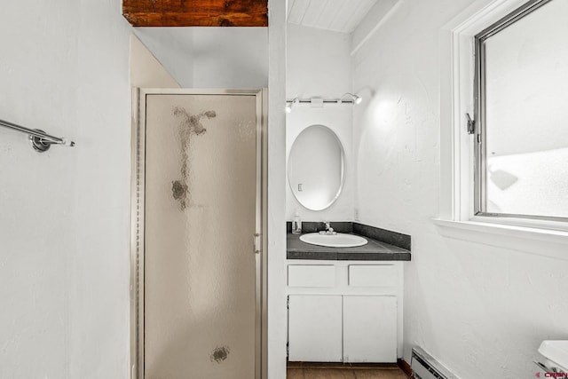 bathroom with a shower stall and vanity