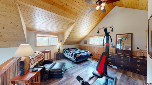 bedroom featuring wooden ceiling, wood finished floors, and lofted ceiling