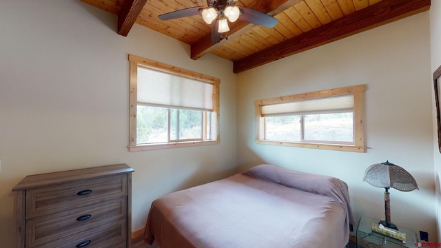 bedroom with a ceiling fan, wood ceiling, and beamed ceiling