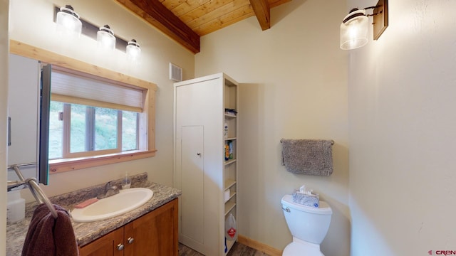 half bathroom with visible vents, beam ceiling, wooden ceiling, vanity, and toilet