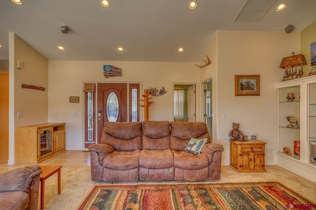 living room with light colored carpet, recessed lighting, and visible vents