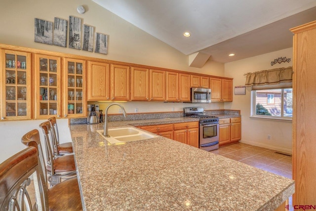 kitchen with a peninsula, glass insert cabinets, high vaulted ceiling, a sink, and stainless steel appliances