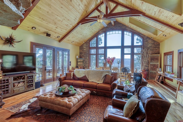 living area featuring wood ceiling, high vaulted ceiling, and hardwood / wood-style flooring