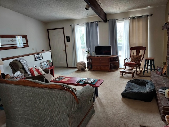 living area featuring a textured ceiling and light carpet