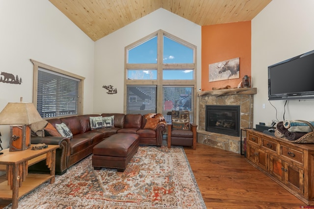 746 W Vallecito Crk, Bayfield, CO 81122 - living area with wood ceiling, a fireplace, wood finished floors, and high vaulted ceiling