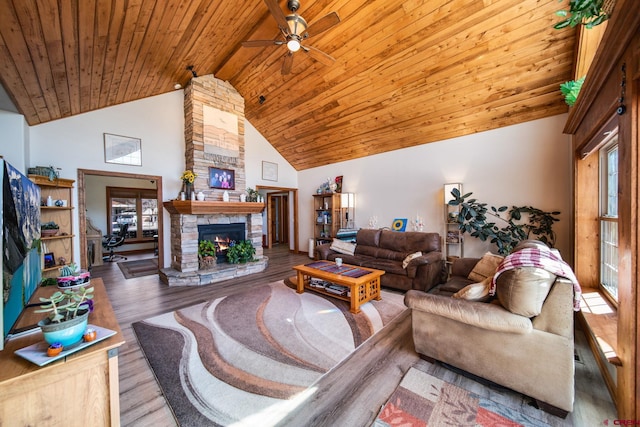 500 Dove Ranch Rd, Bayfield, CO 81122 - living area with ceiling fan, a fireplace, high vaulted ceiling, wooden ceiling, and wood finished floors