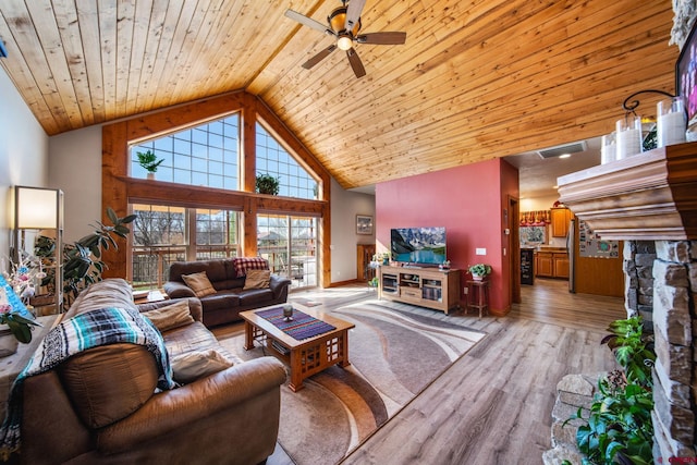 500 Dove Ranch Rd, Bayfield, CO 81122 - living area featuring visible vents, high vaulted ceiling, wooden ceiling, a ceiling fan, and light wood-style flooring