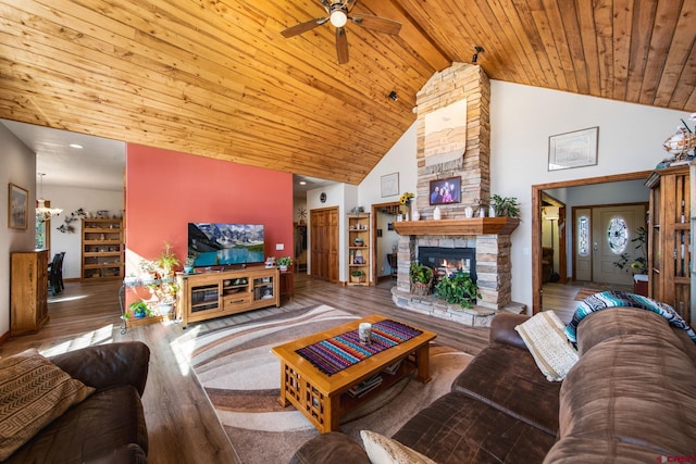 500 Dove Ranch Rd, Bayfield, CO 81122 - living room featuring a ceiling fan, a fireplace, wood finished floors, wooden ceiling, and high vaulted ceiling