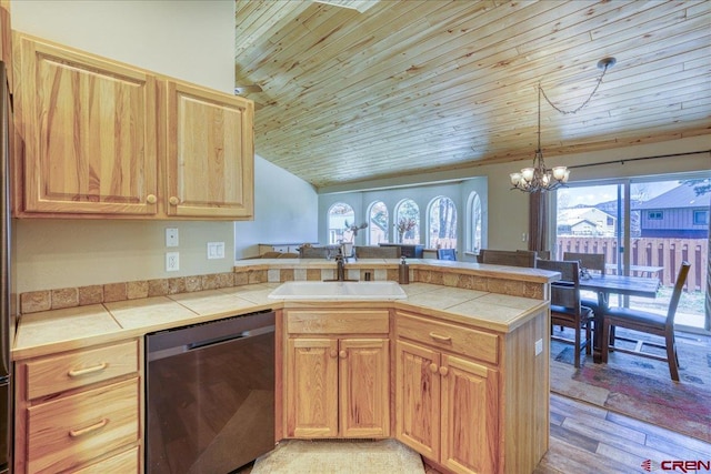 26 Steamboat Dr, Pagosa Springs, CO 81147 - kitchen with dishwasher, a chandelier, a peninsula, tile countertops, and wood ceiling
