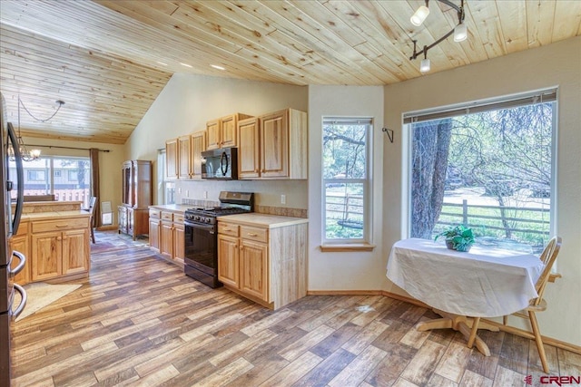 26 Steamboat Dr, Pagosa Springs, CO 81147 - kitchen with light wood-type flooring, gas stove, wooden ceiling, light countertops, and stainless steel microwave