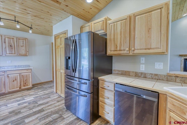 26 Steamboat Dr, Pagosa Springs, CO 81147 - kitchen with appliances with stainless steel finishes, light brown cabinetry, and wooden ceiling