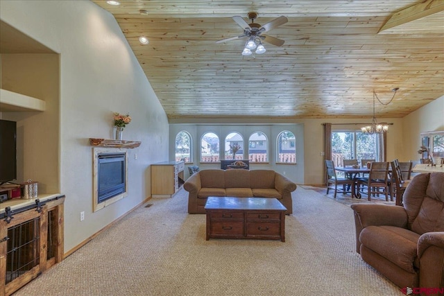 26 Steamboat Dr, Pagosa Springs, CO 81147 - living room with wood ceiling, a fireplace, baseboards, carpet floors, and ceiling fan with notable chandelier