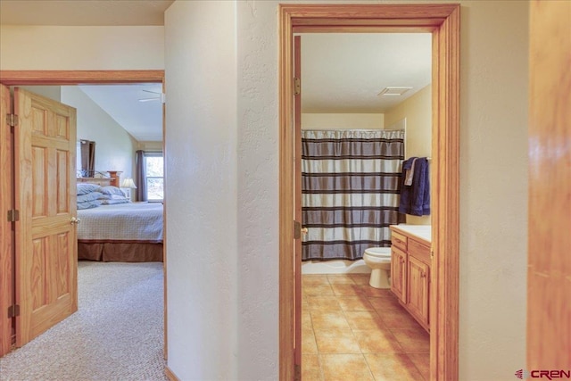 26 Steamboat Dr, Pagosa Springs, CO 81147 - ensuite bathroom with a textured wall, vanity, toilet, a shower with shower curtain, and ensuite bathroom