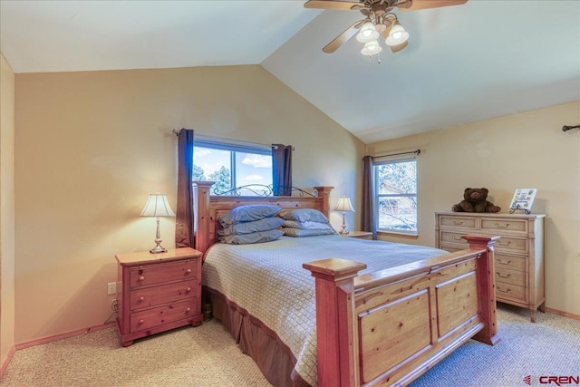 26 Steamboat Dr, Pagosa Springs, CO 81147 - bedroom with a ceiling fan, baseboards, vaulted ceiling, and light carpet