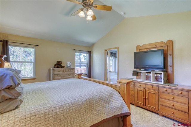 26 Steamboat Dr, Pagosa Springs, CO 81147 - bedroom featuring ceiling fan, light colored carpet, multiple windows, and vaulted ceiling