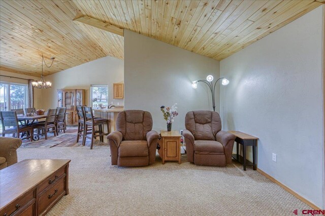 26 Steamboat Dr, Pagosa Springs, CO 81147 - living area with wooden ceiling, an inviting chandelier, light carpet, and lofted ceiling