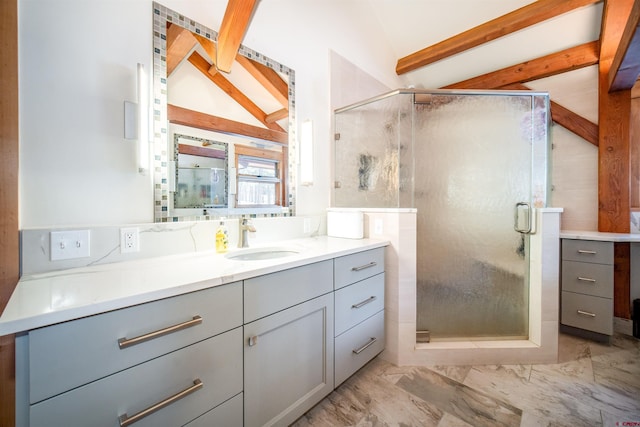 1215 Beaver Creek Dr, Bayfield, CO 81122 - full bath with vanity, vaulted ceiling with beams, and a shower stall
