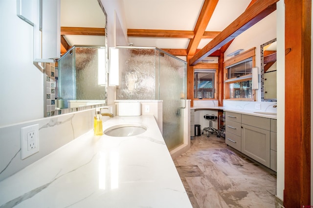 1215 Beaver Creek Dr, Bayfield, CO 81122 - full bathroom featuring a sink, beamed ceiling, a stall shower, and two vanities