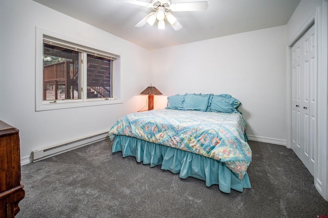 1215 Beaver Creek Dr, Bayfield, CO 81122 - bedroom featuring ceiling fan, carpet floors, a baseboard radiator, baseboards, and a closet