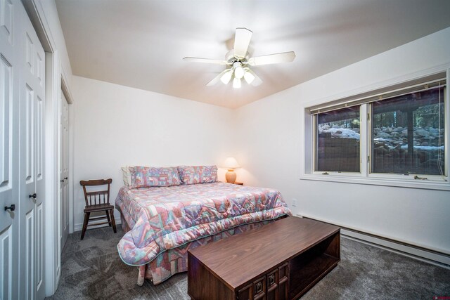 1215 Beaver Creek Dr, Bayfield, CO 81122 - carpeted bedroom featuring a closet, a ceiling fan, baseboards, and a baseboard heating unit