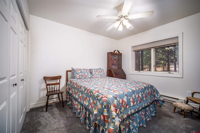 1215 Beaver Creek Dr, Bayfield, CO 81122 - bedroom featuring a closet, baseboards, baseboard heating, a ceiling fan, and carpet