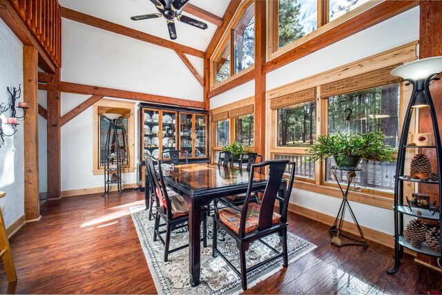 1215 Beaver Creek Dr, Bayfield, CO 81122 - dining room featuring beam ceiling, wood finished floors, baseboards, high vaulted ceiling, and a ceiling fan