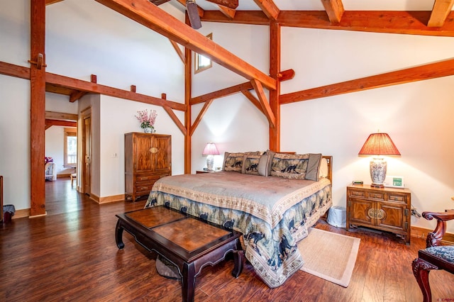 1215 Beaver Creek Dr, Bayfield, CO 81122 - bedroom featuring baseboards, high vaulted ceiling, beam ceiling, and wood finished floors