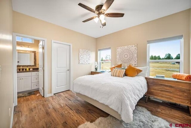 bedroom with a sink, multiple windows, and light wood-type flooring