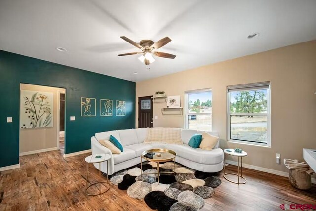 living room with baseboards, ceiling fan, and wood finished floors