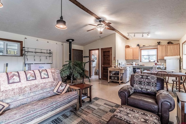 35900 Rd J.8, Mancos, CO 81328 - living area with vaulted ceiling, a wood stove, ceiling fan, and a textured ceiling