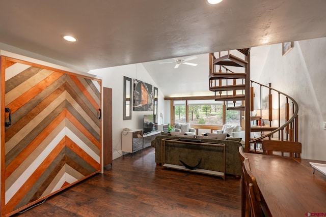 living area with stairs, lofted ceiling, wood finished floors, recessed lighting, and a ceiling fan